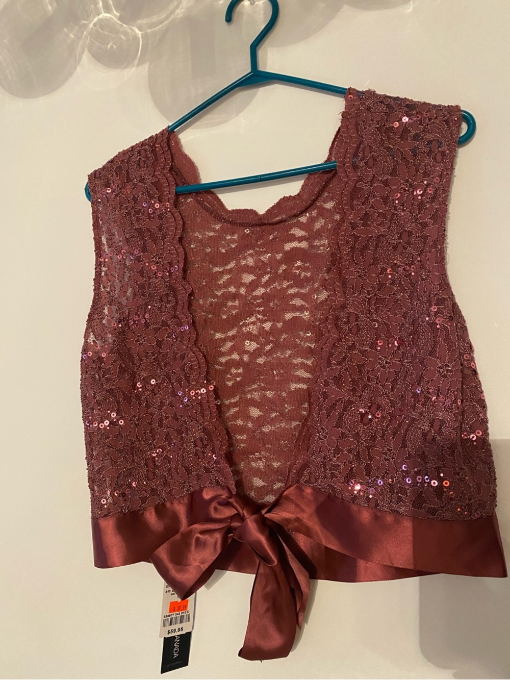 le chateau Rose Mauve Lace & Sequin Cropped Tie-Front Top